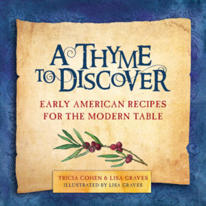 dark blue book cover with a square paper image in the center with red and blue text on it and an evergreen twig with red berries